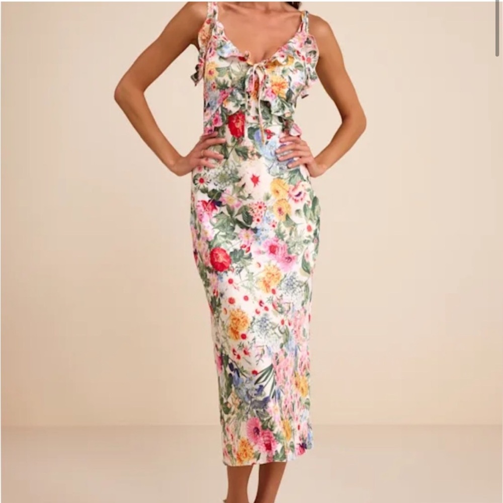 Lulus Clelia Ivory Multi Floral Satin Ruffled Tie-strap Midi Dress‎ White S